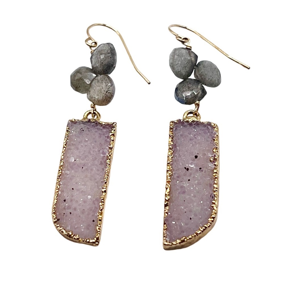 Lavender Linear Druzy Earrings with Labradorite briolette